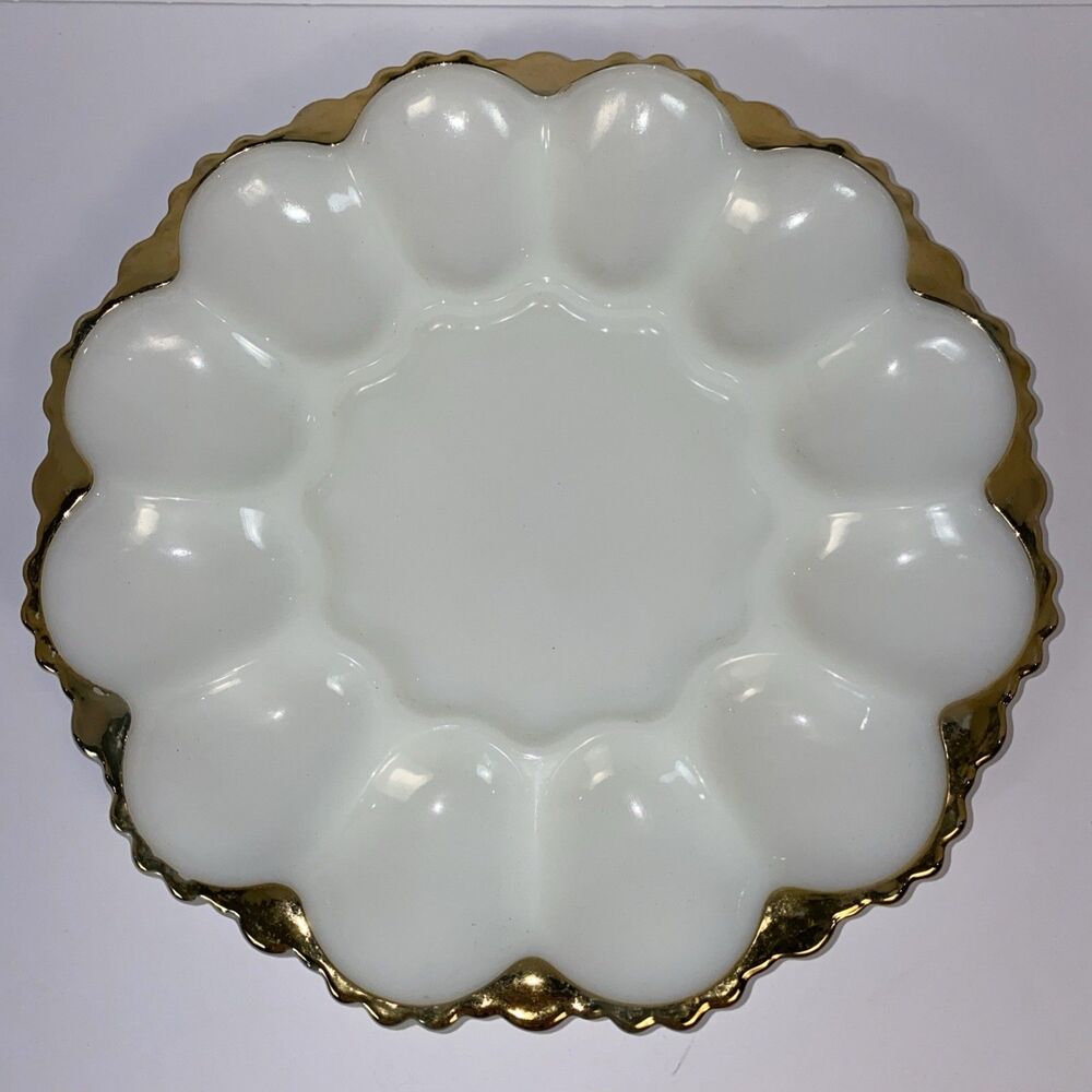 Anchor Hocking Deviled Egg/Oyster Dish White Glass with Gold Edge, Original Box